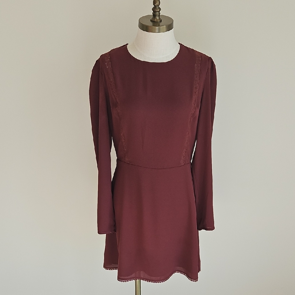 Sunday Best Maroon Long Sleeve Mini Dress with Lace Insets